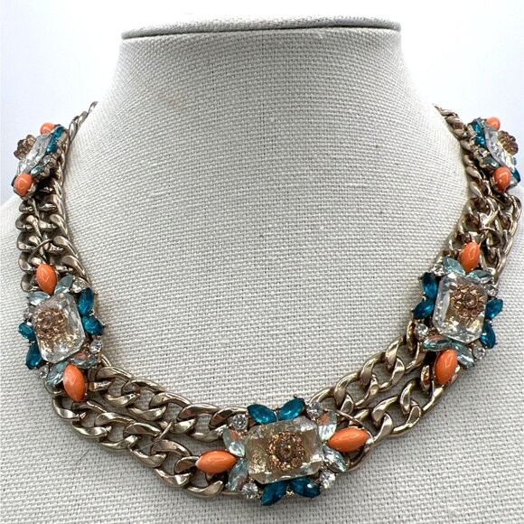 Double Chain Chunky Rhinestones Necklace Orange Teal Gold-Tone Unique Statement - Picture 9 of 12